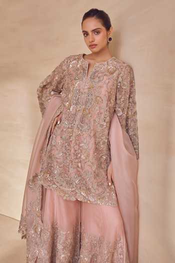 Pankaj & Nidhi Pink Silk Organza Split V-neck, Yes Blushwood Sequined Kurta Sharara Set at Aza Fashions Pankaj & Nidhi_Pink Silk Organza Split V-neck, Yes Blushwood Sequined Kurta Sharara Set _at_Aza_Fashions