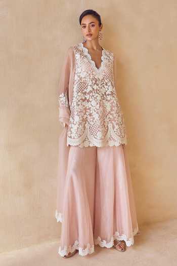 Pankaj & Nidhi Ivory Silk Organza V-neck Eveline Overlay Kurta Sarara Set Online at Aza Fashions Pankaj & Nidhi_Ivory Silk Organza V-neck Eveline Overlay Kurta Sarara Set _Online_at_Aza_Fashions