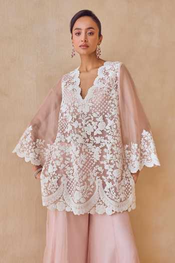 Buy Pankaj & Nidhi Ivory Silk Organza V-neck Eveline Overlay Kurta Sarara Set Online at Aza Fashions Buy_Pankaj & Nidhi_Ivory Silk Organza V-neck Eveline Overlay Kurta Sarara Set _Online_at_Aza_Fashions