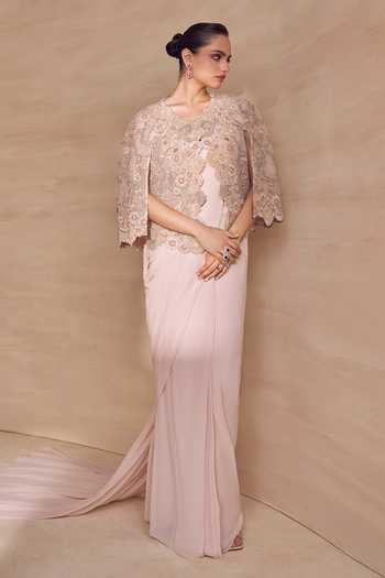 Pankaj & Nidhi Pink Silk, Georgette, Tulle Alabast Cape And Pre-draped Trail Saree Set Online at Aza Fashions Pankaj & Nidhi_Pink Silk, Georgette, Tulle Alabast Cape And Pre-draped Trail Saree Set _Online_at_Aza_Fashions