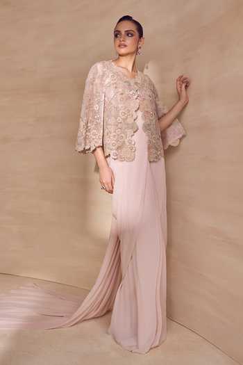 Pankaj & Nidhi Alabast Cape & Pre-Draped Trail Saree Set