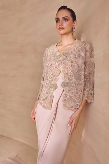 Buy Pankaj & Nidhi Pink Silk, Georgette, Tulle Alabast Cape And Pre-draped Trail Saree Set Online at Aza Fashions Buy_Pankaj & Nidhi_Pink Silk, Georgette, Tulle Alabast Cape And Pre-draped Trail Saree Set _Online_at_Aza_Fashions