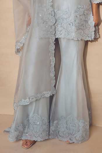Pankaj & Nidhi Sky Blue Silk Organza V-neck Silver Leaf Cutwork Kurta And Sharara Set Online at Aza Fashions Pankaj & Nidhi_Sky Blue Silk Organza V-neck Silver Leaf Cutwork Kurta And Sharara Set _Online_at_Aza_Fashions