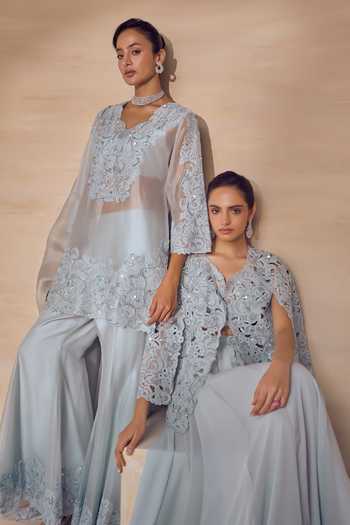 Shop Pankaj & Nidhi Sky Blue Silk Organza V-neck Silver Leaf Cutwork Kurta And Sharara Set Online at Aza Fashions Shop_Pankaj & Nidhi_Sky Blue Silk Organza V-neck Silver Leaf Cutwork Kurta And Sharara Set _Online_at_Aza_Fashions