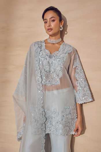 Pankaj & Nidhi Sky Blue Silk Organza V-neck Silver Leaf Cutwork Kurta And Sharara Set at Aza Fashions Pankaj & Nidhi_Sky Blue Silk Organza V-neck Silver Leaf Cutwork Kurta And Sharara Set _at_Aza_Fashions