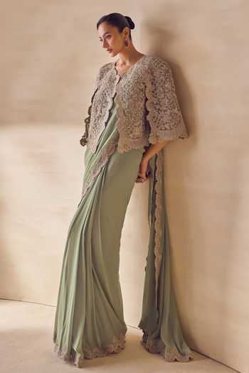 Pankaj & Nidhi Sagebrush Cape & Pre-Draped Saree Set