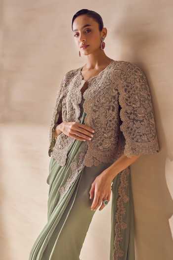Pankaj & Nidhi Gold Georgette, Silk Organza Open Neck Sagebrush Cape And Pre-draped Saree Set Online at Aza Fashions Pankaj & Nidhi_Gold Georgette, Silk Organza Open Neck Sagebrush Cape And Pre-draped Saree Set _Online_at_Aza_Fashions