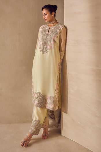 Pankaj & Nidhi Yellow Silk Organza Round Neck Aster Citron Vine Kurta Pant Set Online at Aza Fashions Pankaj & Nidhi_Yellow Silk Organza Round Neck Aster Citron Vine Kurta Pant Set _Online_at_Aza_Fashions