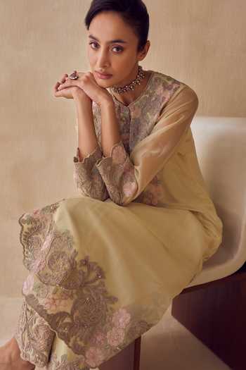 Buy Pankaj & Nidhi Yellow Silk Organza Round Neck Aster Citron Vine Kurta Pant Set Online at Aza Fashions Buy_Pankaj & Nidhi_Yellow Silk Organza Round Neck Aster Citron Vine Kurta Pant Set _Online_at_Aza_Fashions