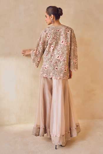 Pankaj & Nidhi Pink Silk Organza Square Neck Powder Trellis Kurta Sharara Set Online at Aza Fashions Pankaj & Nidhi_Pink Silk Organza Square Neck Powder Trellis Kurta Sharara Set _Online_at_Aza_Fashions