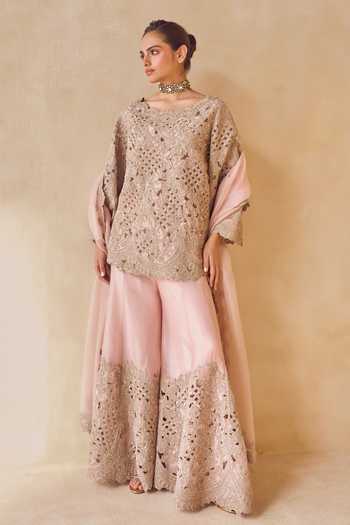 Buy Pankaj & Nidhi Pink Silk Organza Square Neck Powder Trellis Kurta Sharara Set Online at Aza Fashions Buy_Pankaj & Nidhi_Pink Silk Organza Square Neck Powder Trellis Kurta Sharara Set _Online_at_Aza_Fashions