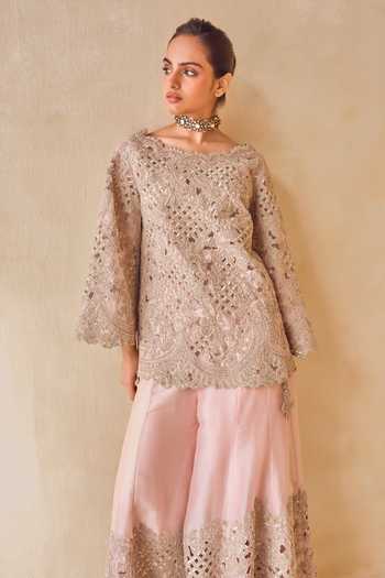 Shop Pankaj & Nidhi Pink Silk Organza Square Neck Powder Trellis Kurta Sharara Set Online at Aza Fashions Shop_Pankaj & Nidhi_Pink Silk Organza Square Neck Powder Trellis Kurta Sharara Set _Online_at_Aza_Fashions