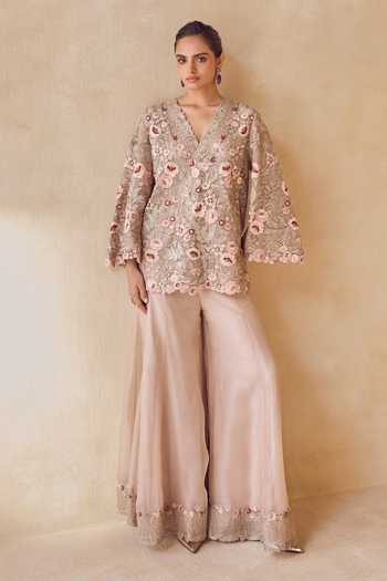 Pankaj & Nidhi Dusted Rose Floral Kurta Sharara Set