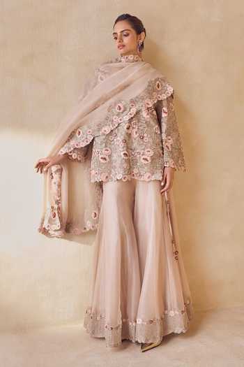 Pankaj & Nidhi Dusted Rose Floral Kurta Sharara Set