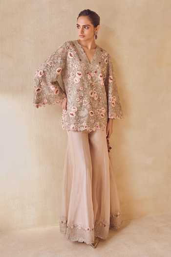 Pankaj & Nidhi Beige Silk Organza High Neck, Yes Dusted Rose Floral Kurta Sharara Set Online at Aza Fashions Pankaj & Nidhi_Beige Silk Organza High Neck, Yes Dusted Rose Floral Kurta Sharara Set _Online_at_Aza_Fashions