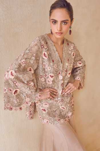 Buy Pankaj & Nidhi Beige Silk Organza High Neck, Yes Dusted Rose Floral Kurta Sharara Set Online at Aza Fashions Buy_Pankaj & Nidhi_Beige Silk Organza High Neck, Yes Dusted Rose Floral Kurta Sharara Set _Online_at_Aza_Fashions