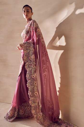 Pankaj & Nidhi Pink Georgette V-neck Camellia Pre-draped Saree With Blouse Online at Aza Fashions Pankaj & Nidhi_Pink Georgette V-neck Camellia Pre-draped Saree With Blouse _Online_at_Aza_Fashions