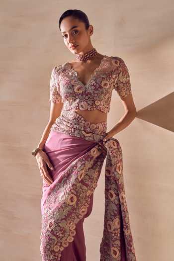 Buy Pankaj & Nidhi Pink Georgette V-neck Camellia Pre-draped Saree With Blouse Online at Aza Fashions Buy_Pankaj & Nidhi_Pink Georgette V-neck Camellia Pre-draped Saree With Blouse _Online_at_Aza_Fashions