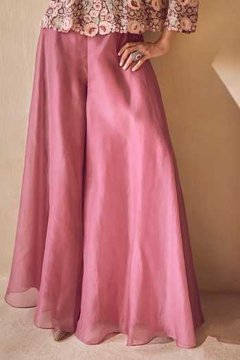 Pankaj & Nidhi Wine Silk Organza Shawl Neck Mulberry Bloom Jacket Sharara Set Online at Aza Fashions Pankaj & Nidhi_Wine Silk Organza Shawl Neck Mulberry Bloom Jacket Sharara Set _Online_at_Aza_Fashions