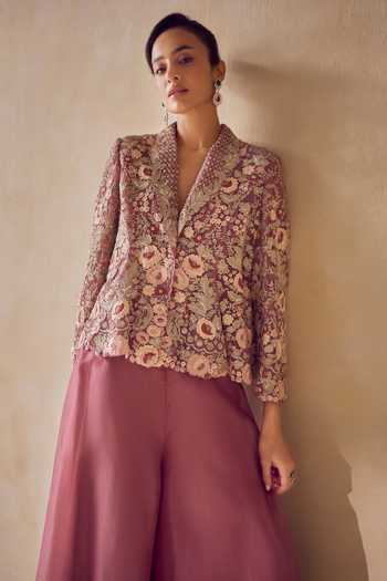 Buy Pankaj & Nidhi Wine Silk Organza Shawl Neck Mulberry Bloom Jacket Sharara Set Online at Aza Fashions Buy_Pankaj & Nidhi_Wine Silk Organza Shawl Neck Mulberry Bloom Jacket Sharara Set _Online_at_Aza_Fashions