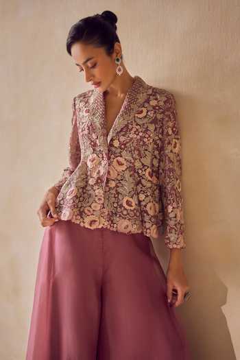 Shop Pankaj & Nidhi Wine Silk Organza Shawl Neck Mulberry Bloom Jacket Sharara Set Online at Aza Fashions Shop_Pankaj & Nidhi_Wine Silk Organza Shawl Neck Mulberry Bloom Jacket Sharara Set _Online_at_Aza_Fashions
