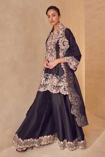 Pankaj & Nidhi Black Silk Organza V-neck, Yes Reverence Rose Embroidered Kurta Sharara Set Online at Aza Fashions Pankaj & Nidhi_Black Silk Organza V-neck, Yes Reverence Rose Embroidered Kurta Sharara Set _Online_at_Aza_Fashions