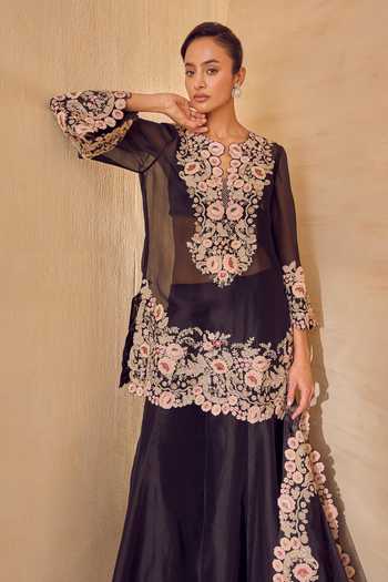 Buy Pankaj & Nidhi Black Silk Organza V-neck, Yes Reverence Rose Embroidered Kurta Sharara Set Online at Aza Fashions Buy_Pankaj & Nidhi_Black Silk Organza V-neck, Yes Reverence Rose Embroidered Kurta Sharara Set _Online_at_Aza_Fashions