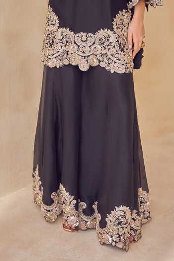 Pankaj & Nidhi Black Silk Organza, Tulle Split V-neck Onyx Kurta Trail Sharara Set Online at Aza Fashions Pankaj & Nidhi_Black Silk Organza, Tulle Split V-neck Onyx Kurta Trail Sharara Set _Online_at_Aza_Fashions