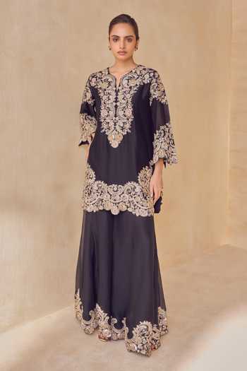 Buy Pankaj & Nidhi Black Silk Organza, Tulle Split V-neck Onyx Kurta Trail Sharara Set Online at Aza Fashions Buy_Pankaj & Nidhi_Black Silk Organza, Tulle Split V-neck Onyx Kurta Trail Sharara Set _Online_at_Aza_Fashions