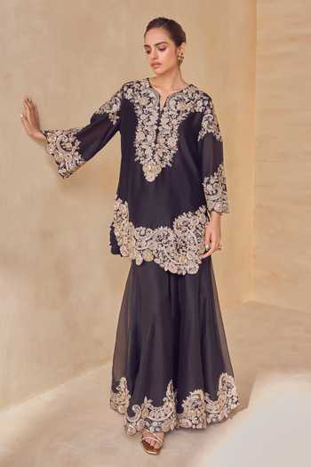 Shop Pankaj & Nidhi Black Silk Organza, Tulle Split V-neck Onyx Kurta Trail Sharara Set Online at Aza Fashions Shop_Pankaj & Nidhi_Black Silk Organza, Tulle Split V-neck Onyx Kurta Trail Sharara Set _Online_at_Aza_Fashions
