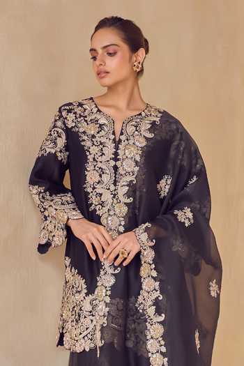 Pankaj & Nidhi Black Silk Organza, Tulle Split V-neck Onyx Kurta Trail Sharara Set at Aza Fashions Pankaj & Nidhi_Black Silk Organza, Tulle Split V-neck Onyx Kurta Trail Sharara Set _at_Aza_Fashions