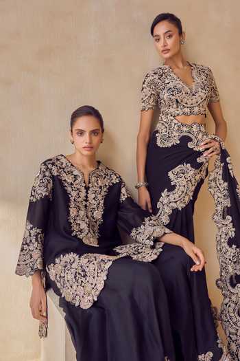 Buy Pankaj & Nidhi Black Silk Organza, Tulle Split V-neck Onyx Kurta Trail Sharara Set Buy_Pankaj & Nidhi_Black Silk Organza, Tulle Split V-neck Onyx Kurta Trail Sharara Set