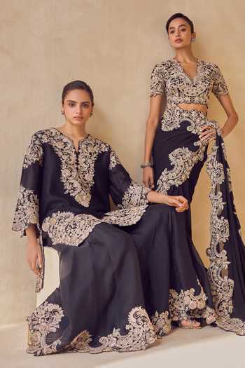 Shop Pankaj & Nidhi Black Silk Organza, Tulle Split V-neck Onyx Kurta Trail Sharara Set Shop_Pankaj & Nidhi_Black Silk Organza, Tulle Split V-neck Onyx Kurta Trail Sharara Set