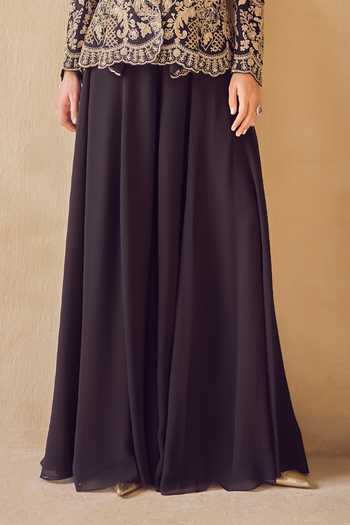 Pankaj & Nidhi Black Silk Organza V-neck Vesper Gold Embroidered Jacket Sharara Set Online at Aza Fashions Pankaj & Nidhi_Black Silk Organza V-neck Vesper Gold Embroidered Jacket Sharara Set _Online_at_Aza_Fashions