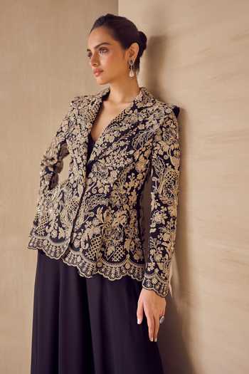 Buy Pankaj & Nidhi Black Silk Organza V-neck Vesper Gold Embroidered Jacket Sharara Set Online at Aza Fashions Buy_Pankaj & Nidhi_Black Silk Organza V-neck Vesper Gold Embroidered Jacket Sharara Set _Online_at_Aza_Fashions