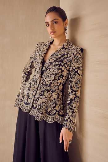 Shop Pankaj & Nidhi Black Silk Organza V-neck Vesper Gold Embroidered Jacket Sharara Set Online at Aza Fashions Shop_Pankaj & Nidhi_Black Silk Organza V-neck Vesper Gold Embroidered Jacket Sharara Set _Online_at_Aza_Fashions
