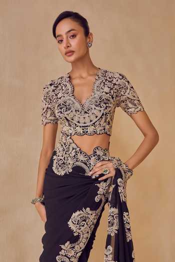Pankaj & Nidhi Black Silk, Georgette Sweetheart Neck Noctis Ebon Saree With Embroidered Blouse Online at Aza Fashions Pankaj & Nidhi_Black Silk, Georgette Sweetheart Neck Noctis Ebon Saree With Embroidered Blouse _Online_at_Aza_Fashions