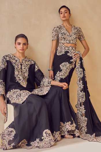 Shop Pankaj & Nidhi Black Silk, Georgette Sweetheart Neck Noctis Ebon Saree With Embroidered Blouse Online at Aza Fashions Shop_Pankaj & Nidhi_Black Silk, Georgette Sweetheart Neck Noctis Ebon Saree With Embroidered Blouse _Online_at_Aza_Fashions