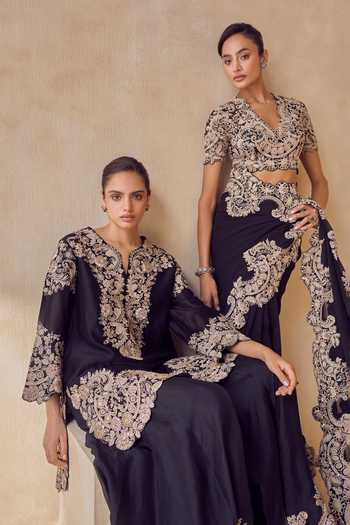 Pankaj & Nidhi Black Silk, Georgette Sweetheart Neck Noctis Ebon Saree With Embroidered Blouse at Aza Fashions Pankaj & Nidhi_Black Silk, Georgette Sweetheart Neck Noctis Ebon Saree With Embroidered Blouse _at_Aza_Fashions