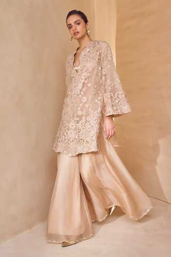 Pankaj & Nidhi Beige Silk Organza V-neck Eira Floral Embroidered Kurta Sharara Set Online at Aza Fashions Pankaj & Nidhi_Beige Silk Organza V-neck Eira Floral Embroidered Kurta Sharara Set _Online_at_Aza_Fashions