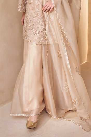 Buy Pankaj & Nidhi Beige Silk Organza V-neck Eira Floral Embroidered Kurta Sharara Set Online at Aza Fashions Buy_Pankaj & Nidhi_Beige Silk Organza V-neck Eira Floral Embroidered Kurta Sharara Set _Online_at_Aza_Fashions
