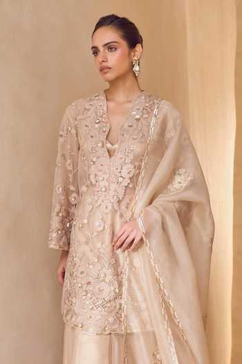 Shop Pankaj & Nidhi Beige Silk Organza V-neck Eira Floral Embroidered Kurta Sharara Set Online at Aza Fashions Shop_Pankaj & Nidhi_Beige Silk Organza V-neck Eira Floral Embroidered Kurta Sharara Set _Online_at_Aza_Fashions