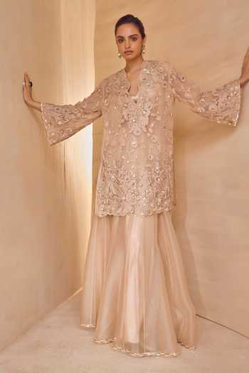 Pankaj & Nidhi Beige Silk Organza V-neck Eira Floral Embroidered Kurta Sharara Set at Aza Fashions Pankaj & Nidhi_Beige Silk Organza V-neck Eira Floral Embroidered Kurta Sharara Set _at_Aza_Fashions