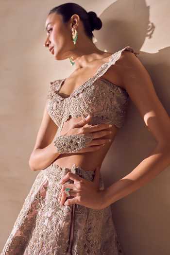 Pankaj & Nidhi Pink Silk Organza Sweetheart Neck Whistling Rose Cutout Embroidered Lehenga Set Online at Aza Fashions Pankaj & Nidhi_Pink Silk Organza Sweetheart Neck Whistling Rose Cutout Embroidered Lehenga Set _Online_at_Aza_Fashions