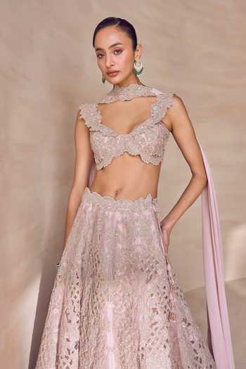 Buy Pankaj & Nidhi Pink Silk Organza Sweetheart Neck Whistling Rose Cutout Embroidered Lehenga Set Online at Aza Fashions Buy_Pankaj & Nidhi_Pink Silk Organza Sweetheart Neck Whistling Rose Cutout Embroidered Lehenga Set _Online_at_Aza_Fashions