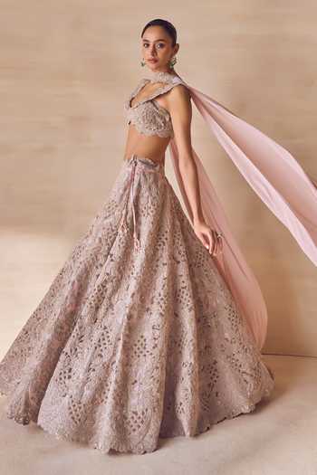 Shop Pankaj & Nidhi Pink Silk Organza Sweetheart Neck Whistling Rose Cutout Embroidered Lehenga Set Online at Aza Fashions Shop_Pankaj & Nidhi_Pink Silk Organza Sweetheart Neck Whistling Rose Cutout Embroidered Lehenga Set _Online_at_Aza_Fashions