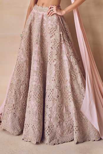 Pankaj & Nidhi Pink Silk Organza Sweetheart Neck Whistling Rose Cutout Embroidered Lehenga Set at Aza Fashions Pankaj & Nidhi_Pink Silk Organza Sweetheart Neck Whistling Rose Cutout Embroidered Lehenga Set _at_Aza_Fashions