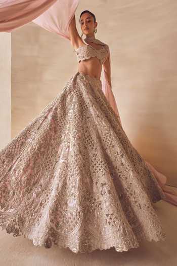Buy Pankaj & Nidhi Pink Silk Organza Sweetheart Neck Whistling Rose Cutout Embroidered Lehenga Set Buy_Pankaj & Nidhi_Pink Silk Organza Sweetheart Neck Whistling Rose Cutout Embroidered Lehenga Set