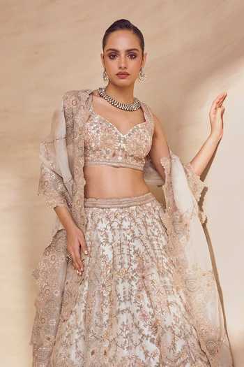 Pankaj & Nidhi Ivory Organza, Tulle Sweetheart Neck Ashen Pearl Hand Embellished Lehenga Set Online at Aza Fashions Pankaj & Nidhi_Ivory Organza, Tulle Sweetheart Neck Ashen Pearl Hand Embellished Lehenga Set _Online_at_Aza_Fashions