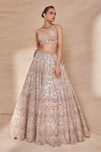 Buy Pankaj & Nidhi Ivory Organza, Tulle Sweetheart Neck Ashen Pearl Hand Embellished Lehenga Set Online at Aza Fashions Buy_Pankaj & Nidhi_Ivory Organza, Tulle Sweetheart Neck Ashen Pearl Hand Embellished Lehenga Set _Online_at_Aza_Fashions